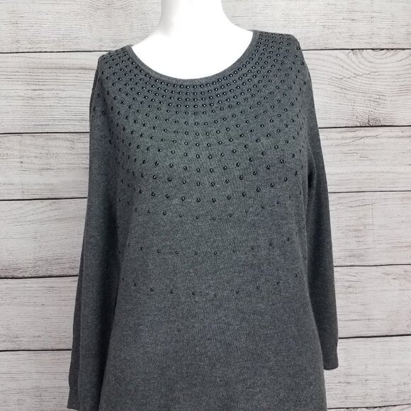 Ann Taylor M 3/4 Sleeves Knit Sweater Dress Embellished Gray - Picture 2 of 9